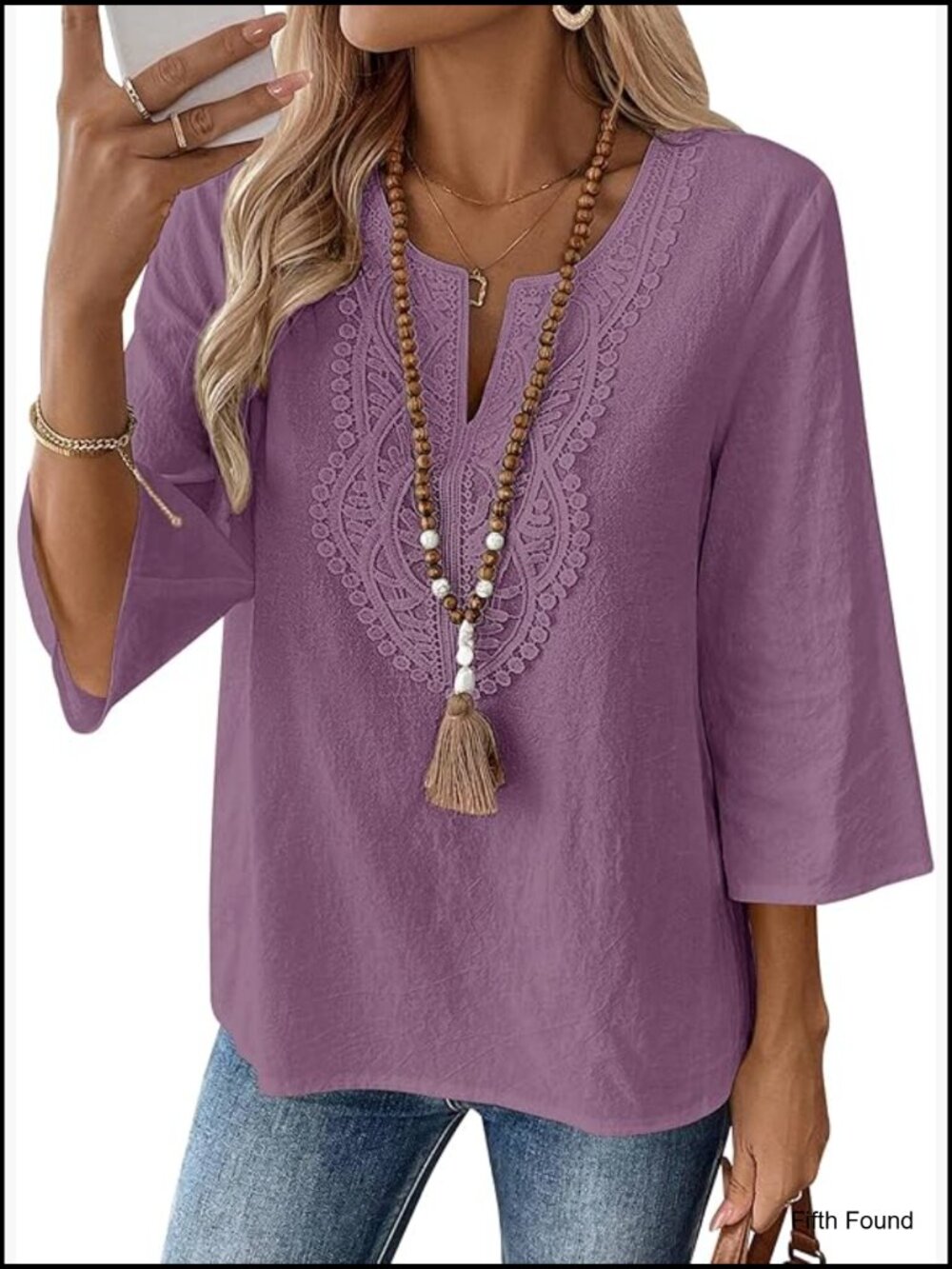 3/4 Sleeve V-Neck Lace Tunic Blouse - Cotton Linen Loose Fit